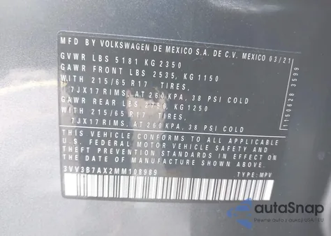 2021 Volkswagen Tiguan 2.0T Se/2.0T Se R-Line Black/2.0T Sel z USA, uszkodzony, nr VIN 3VV3B7AX2MM108989